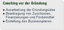 Textfeld: Coaching vor der Gründung

● Ausarbeitung der Gründungsidee
● Beantragung von Zuschüssen,
   Finanzierungen und Fördermittel  
● Erstellung des Businessplanes

